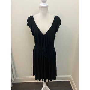 Black Flutter Cap Sleeves Deep V-Neck Ruffle Neckline Dress Size Medium